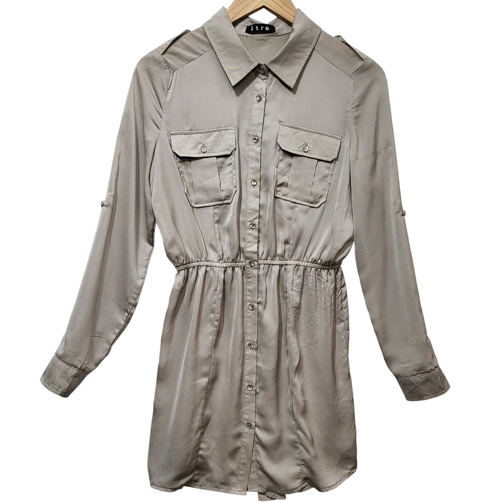 itro Taupe Utility Shirt Dress‎ Satin Button Up Elastic Waist IT5024 Womens S